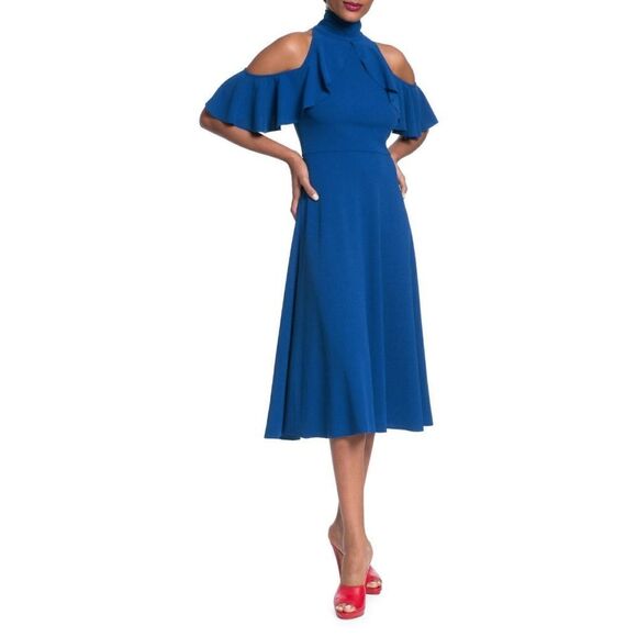 New! TRACY REESE Ruffle Cold-Shoulder Midi Dress Size XS Marine Blue - Picture 6 of 7